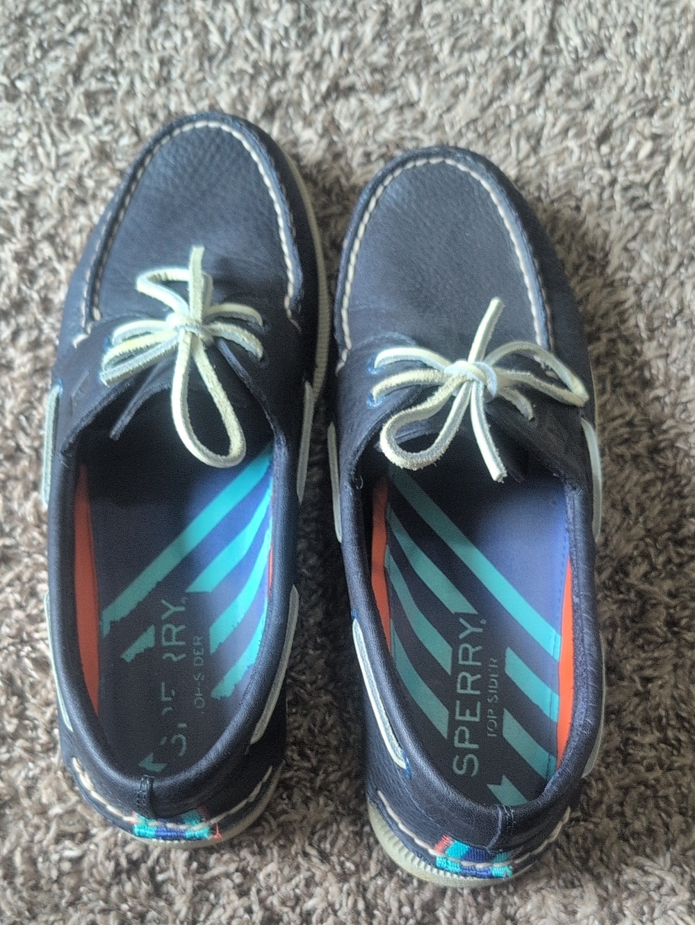 Sperry Navy Leather Boat Shoes with Cream Laces and Striped Insoles